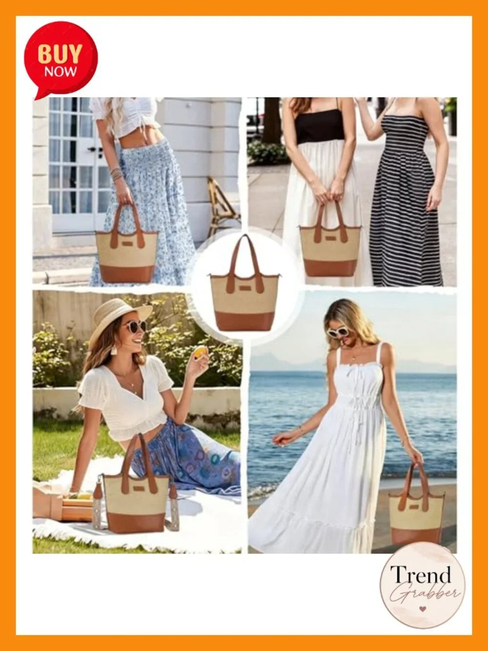 Straw Woven & Vegan Leather Bucket Bag Crossbody Top Handle Tote